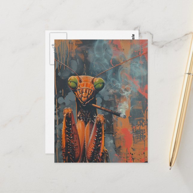 Colorful Smoking Mantis Surreal Postcard (Front/Back In Situ)