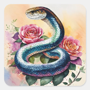 Colorful Snake Floral Watercolor Art Square Sticker
