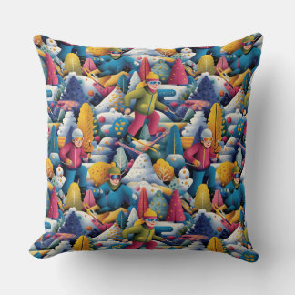 Colorful Snow Skiers Collage Throw Pillow