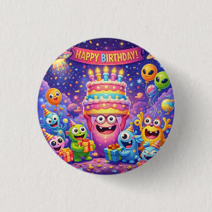 Colorful Space Monster Birthday Party with UFO 1 Inch Round Button