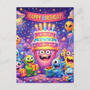 Colorful Space Monster Birthday Party with UFO  Postcard