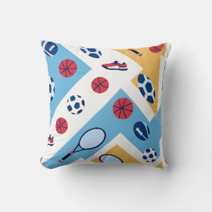 Colorful Sports Pattern – Balls, Rackets & Sneaker Throw Pillow