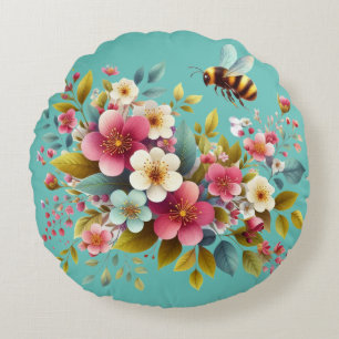 Colorful, Spring/Floral bee Round Pillow