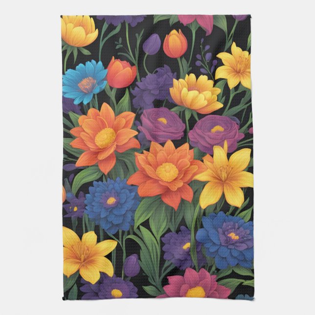 Colorful spring floral design kitchen towel (Vertical)