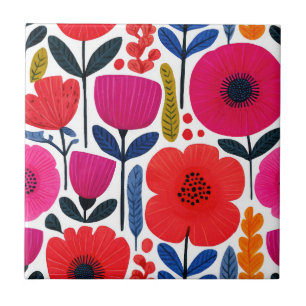 Colorful Spring Flowers Watercolor Boho Tile