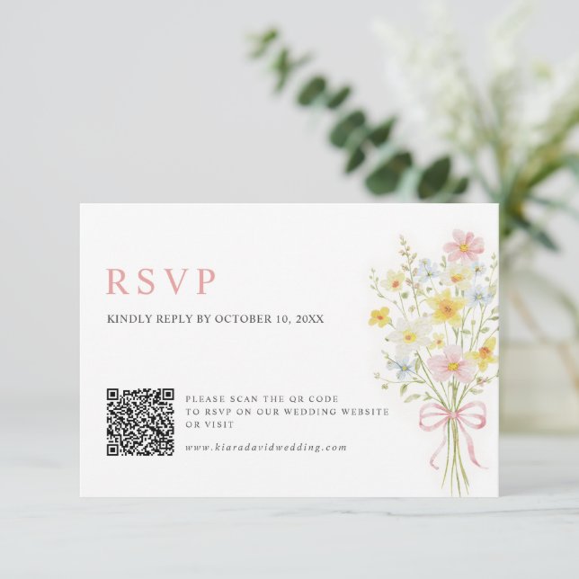 Colorful Spring Wildflower Meadow Wedding QR Code  RSVP Card (Standing Front)