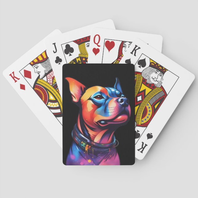 Colorful Staffy Bull Terrier Cyberpunk Design, Playing Cards (Back)