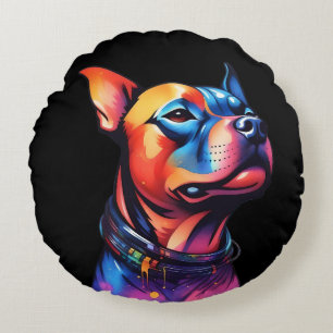 Colorful Staffy Bull Terrier Cyberpunk Design, Round Pillow