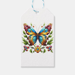 Colorful stained glass butterfly with flowers gift tags