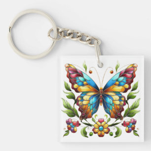 Colorful stained glass butterfly with flowers keychain