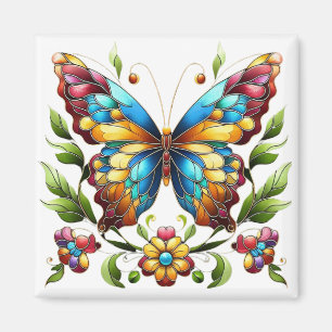 Colorful stained glass butterfly with flowers magnet
