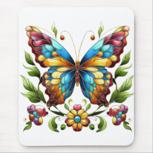 Colorful stained glass butterfly with flowers mouse pad