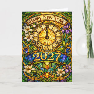 Colorful Stained Glass Floral New Year 2027 Holiday Card