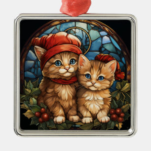 COLORFUL STAINED GLASS ORANGE TABBY KITTEN METAL ORNAMENT