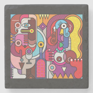Colorful Stained Glass Two Women and a Wine Bottle Stone Coaster