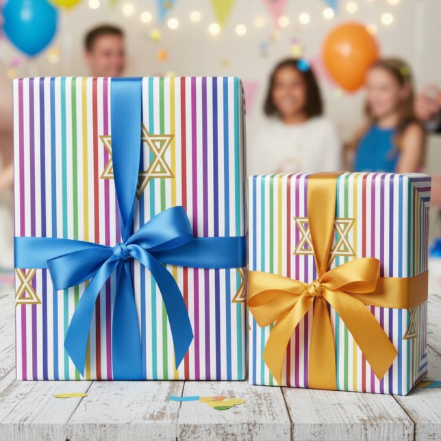 Colorful Star of David Rainbow Thin Stripes Wrapping Paper (Chic Bright Jewish Multicolored Rainbow Star of David Wrapping Paper for Kids Bat Mitzvah Mazel Tov)