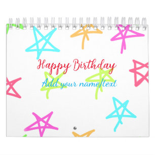 Colorful stars happy birthday add name text simple calendar