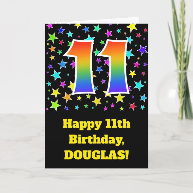 Colorful Stars + Rainbow Pattern "11" Birthday # Card (Front)
