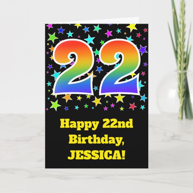 Colorful Stars + Rainbow Pattern "22" Birthday # Card (Front)