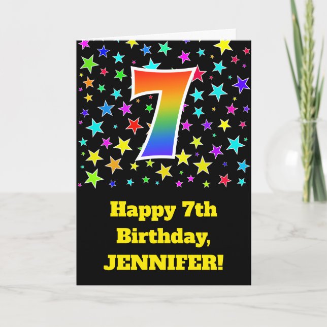 Colorful Stars + Rainbow Pattern "7" Birthday # Card (Front)