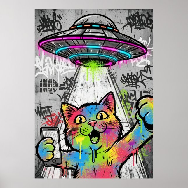 Colorful Street Art Cat with UFO Graffiti Poster (Front)