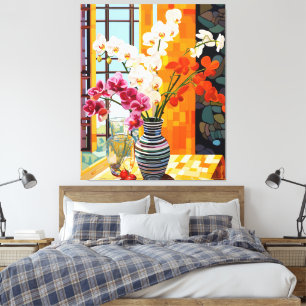 Colorful Striped Vase Floral Window Wood Plaque Canvas Print