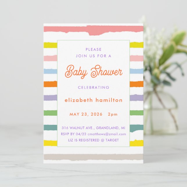 Colorful Stripes Baby Shower Invitation (Standing Front)