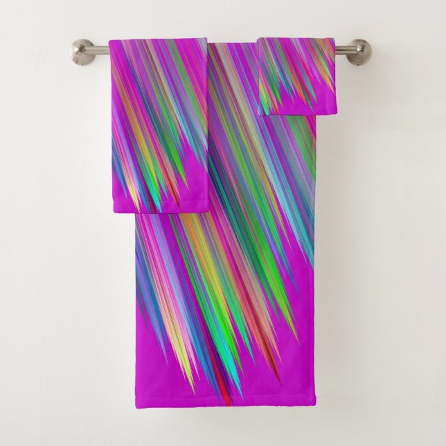 Colorful stripes on fuchsia background, modern bath towel set (Insitu)