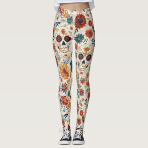Colorful Sugar Skull Floral Retro Day of The Dead  Leggings