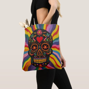 Colorful Sugar Skull Tote Bag with Rainbow Design