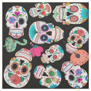 Colorful Sugar Skulls Pattern on Black Fabric
