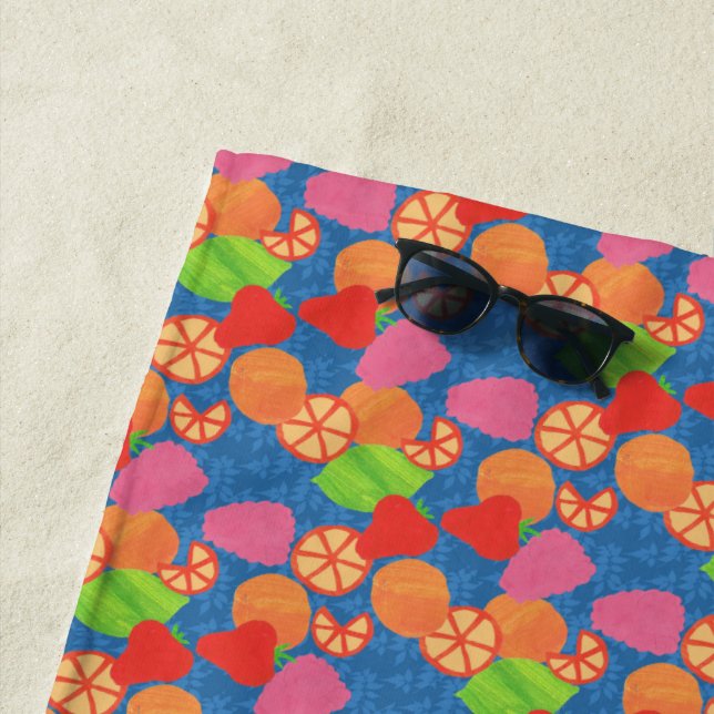 Colorful Summer Fruits Pattern on Deep Blue Beach Towel (In Situ)