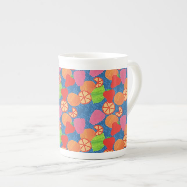 Colorful Summer Fruits Pattern on Deep Blue Bone China Mug (Front Right)