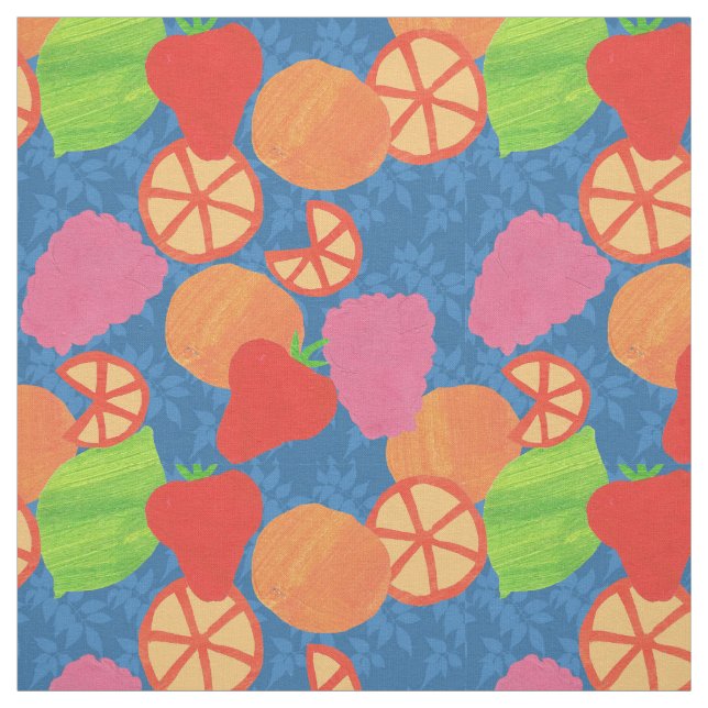 Colorful Summer Fruits Pattern on Deep Blue Fabric (Swatch)