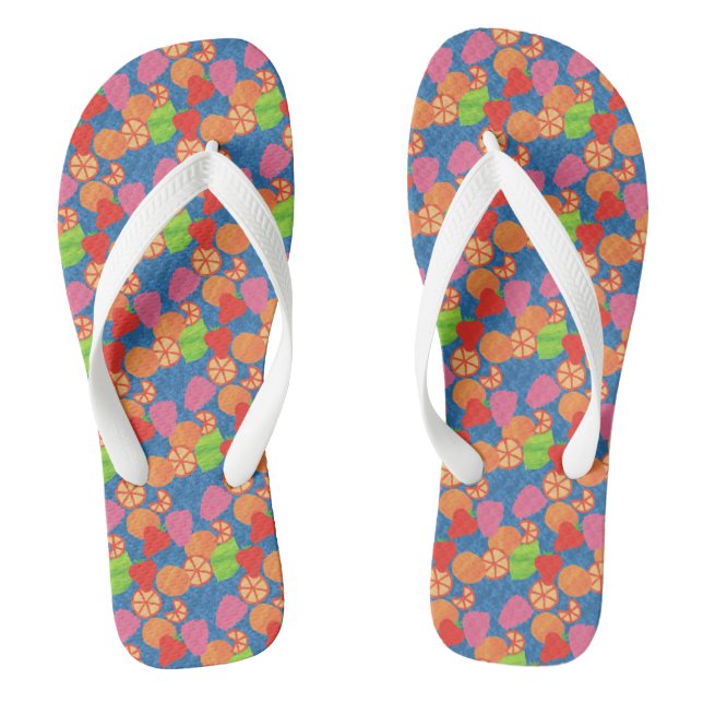 Colorful Summer Fruits Pattern on Deep Blue Flip Flops (Footbed)