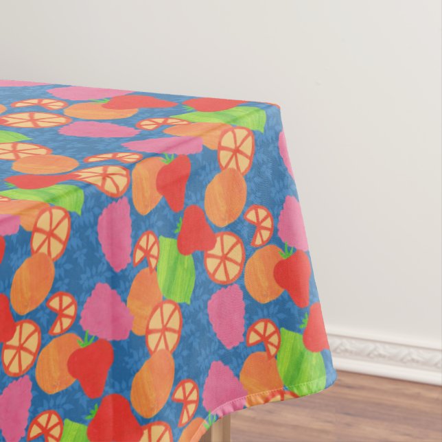 Colorful Summer Fruits Pattern on Deep Blue Tablecloth (In Situ)
