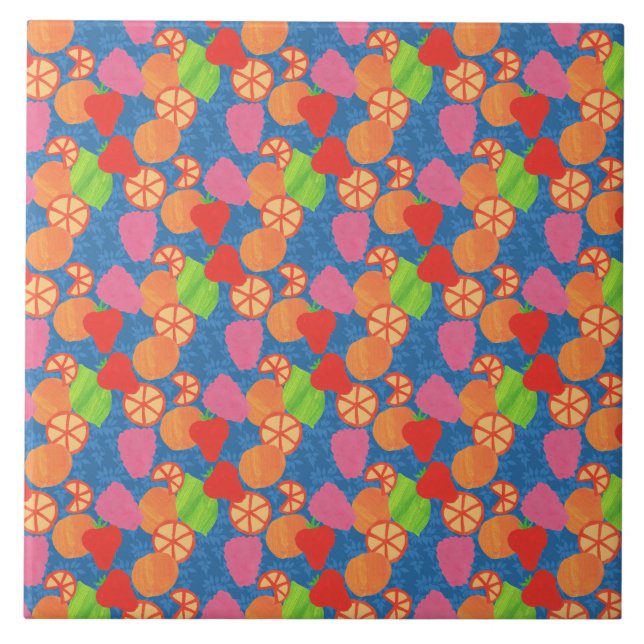 Colorful Summer Fruits Pattern on Deep Blue Tile (Front)