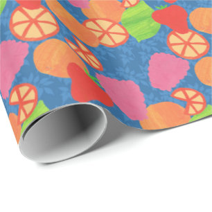 Colorful Summer Fruits Pattern on Deep Blue Wrapping Paper