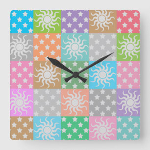 Colorful sun and stars pattern square wall clock