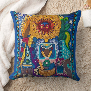 Colorful Sun Huichol Art Throw Pillow