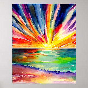 Colorful Sunset over the Ocean Watercolor Art Poster