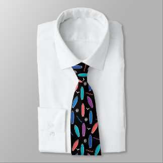 Colorful surfboards doodle party on black pattern tie