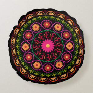 Colorful suzani floral design round pillow