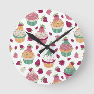 Colorful Sweet Cupcakes Pattern Monogram Name Round Clock