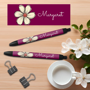 Colorful Sweet Doodle Flower Custom Name Black Ink Pen