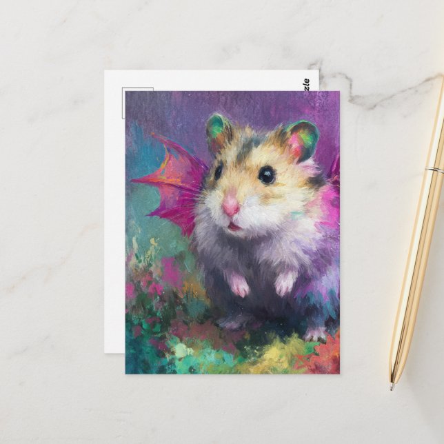 Colorful Sweet Hamster Dragon Watercolor Postcard (Front/Back In Situ)
