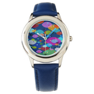 Colorful Swimming Fish Abstract Pattern Blue Watch