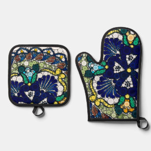 colorful talavera pottery mexican blue photo art oven mitt & pot holder set