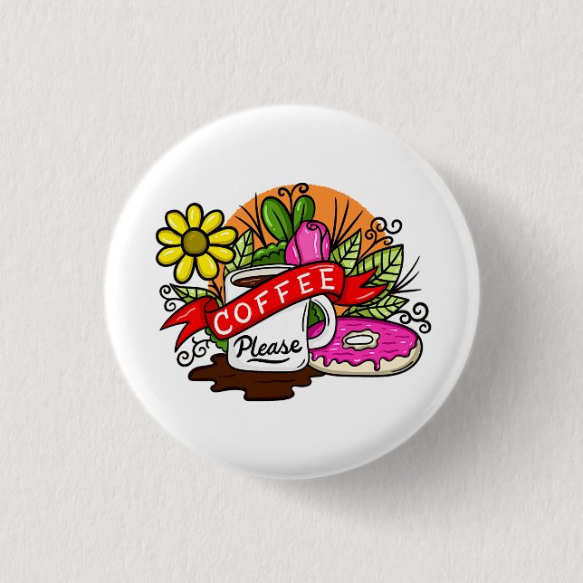 Colorful Tattoo Coffee and Donut 1 Inch Round Button (Front)