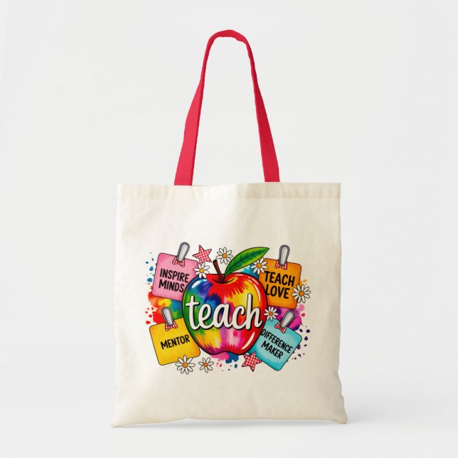 Colorful Teach Rainbow Apple Teacher Tote Bag  (Front)